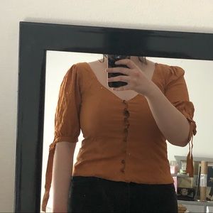 Earthy Orange Button Up Tie Sleeve Peasant Blouse